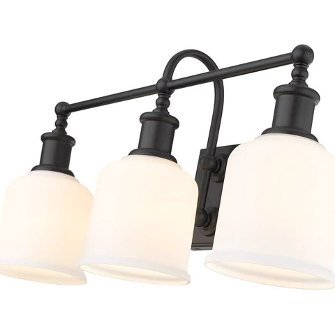 Three Light Vanity Light Fixture In Matte Black Steel, Dope Industrial Nautical Style Wall Mount For Bathroom, Modern Farmhouse Vibe With Classic Transitional Flair And Easy Install Mounting Hardware Included. Front view showing three opal glass shades and curved arms.