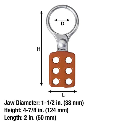 Image of a Six-Worker Lockout Tagout Hasp for Group Lockout Applications, OSHA Compliant Safety Lockout Device Keeps Equipment Inoperative During Maintenance, heavy-duty aluminum hasp with red handle, showing dimensions and six holes for locks.