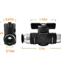Five Sixteenth Inch Push Connect Valve For Air And Water No Fuss Install Quick Connect Tube Fittings Pneumatic Flow Control Straight Union Water 50 PSI Air Up To 284 PSI PPS Resin Body 1 Pack shown with dimensions.
