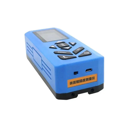 Digital Surface Roughness Meter With LCD Display portable blue precision gauging tool angled view for metal finish inspection.