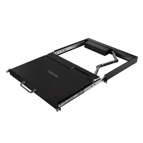 Top Shelf 17 Inch HD LCD KVM Console With 8 Port Switch, VGA USB And PS2 Ports, Integrated Keyboard And Mouse, open view of console