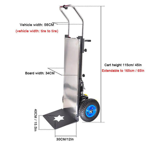 Heavy Duty Electric Stair Climber Hand Truck That Nails Heavy Moves With 400kg Load, Brushless Motor, And Removable Battery For Easy Lifting, showing dimensions and sturdy metal design.