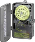 Open case of Sprinkler Timer With Smart Watering Control, 240V 3HP DPST Irrigation Controller showing internal gear and dial.