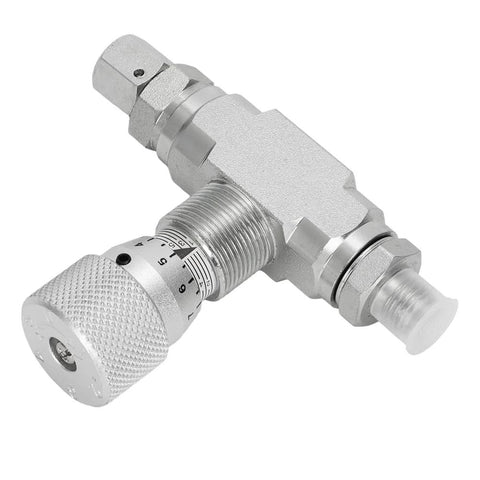 AUTOVIC hydraulic flow control valve, 3/8 inch, silver metal with knurled adjustment knob side view