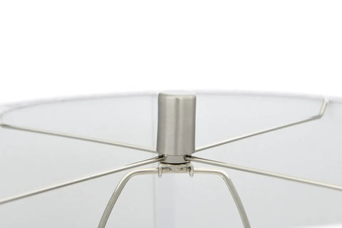 Close-up of the metal frame of Reeded Glass Table Lamp With Metal Base In Antiqued French Silver Mercury Glass Finish, White Linen Drum Shade, 30 Inches Tall, Classic Yet Modern Vibe For Living Room Or Bedroom.
