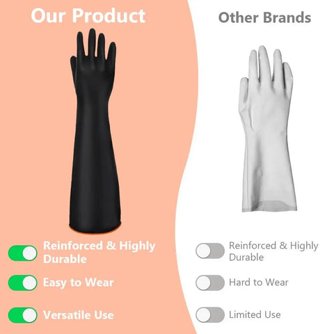 Tough As Nails 22 Inch Heavy Duty Rubber Gloves For Household Chores And Professional Cleaning Reusable Chemical Resistant Safety Gear With Ergonomic Comfort Fit, black durable rubber gloves compared to standard white gloves.