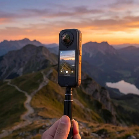 X4 Air 360 Action Camera With Lightweight Dual Lens Waterproof 8K Stabilization for travel, shown filming a mountain sunset scene.