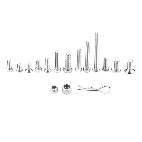 Assorted stainless steel screws from RC Car Screw Kit For Slash 4x4 Short Course Truck Stainless Steel Screws In Assorted Lengths For Repairs Upgrades And Everyday Maintenance With A Tough Stainless Build For Rugged RC Runs And Quick Field Fixes displayed on white background.