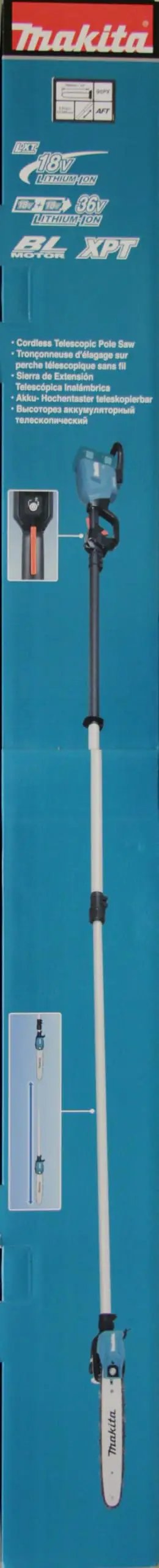 Pro Grade Tough As Nails Brushless Cordless Hedge Trimmer Powered By Dual 18 Volt Battery Packs With Extreme Weather Sealing For Backyard Jobs And Thick Branch Cutting features a blue telescopic pole design.