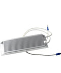 RXLG 100W aluminum-cased fixed resistor for automotive braking; silver finned housing with white lead wires and ring terminals.