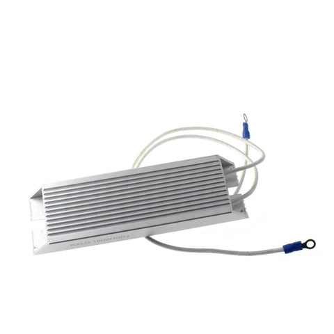 Power resistor side view; silver aluminum finned housing with ring-terminal leads (100W)