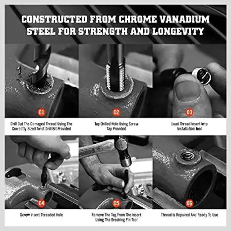 Steps for using 50 Piece M10-24 x 1.5D Thread Repair Insert Kit For Aluminum And Lightweight Metals Helical Style Thread Inserts Installation Kit Easy Install For Restoring Stripped Threads And Rebuilding Strength.
