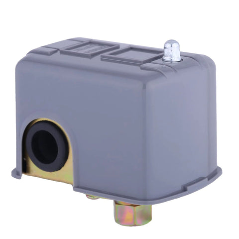 Front view of Pumptrol 30-50 psi pressure switch, gray plastic housing with side inlet port