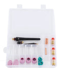 Top Tier TIG Welding Torch Consumables Kit With Gas Lens Ceramic Nozzles Copper Electrode Clips and Heat Resistant Parts For Long Lifespan Professional Jobs in a storage case, featuring assorted components.