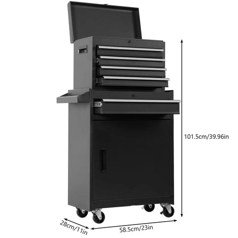 Rolling Tool Chest With Five Drawers Top Compartment And Two Section Base Cabinet Double Doors Heavy Duty Wheels Ultra Large Capacity Organizer For Garage Shop Workshop And Industrial Use, 101.5cm tall black steel
