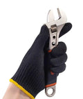 Daily Grind Gear Twelve Pair Pack Of Flexible Polyester Knit Work Gloves Featuring Sturdy Black And Yellow Trim For Light Garage Painting Mechanic Yard Chores And Shop Hustle Tasks, holding an adjustable wrench.