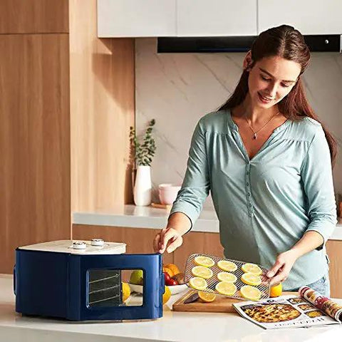Digital Electric Food Dehydrator With Four Stackable Stainless Steel Trays And Precision Temperature Controls featuring a user loading fruits.