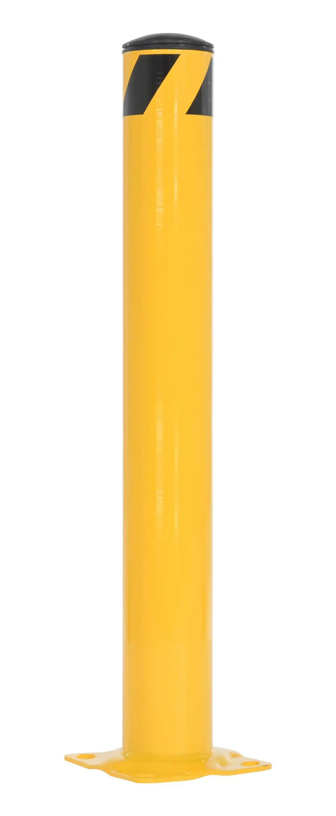 Real Deal Heavy Duty Steel Pipe Safety Bollard 36 Inches Tall Four Point Five Inch Wide Powder Coated Safety Yellow welded iron post with black markings.