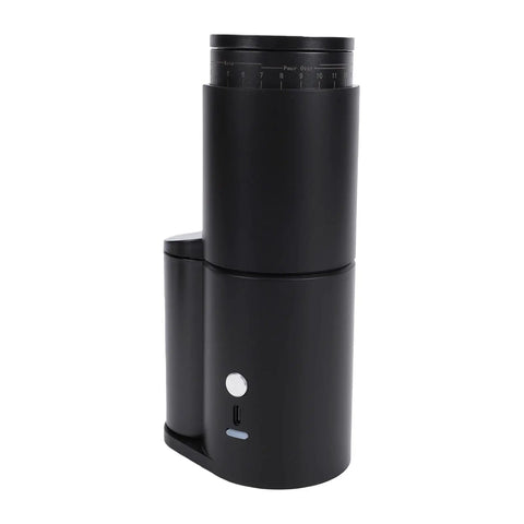 Top Shelf Portable Burr Coffee Grinder Featuring 38mm Stainless Steel Conical Blades And Anti Static Magnetic Cup in black.