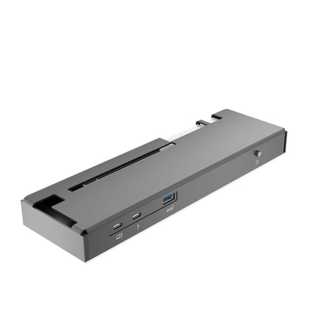 Level Up Your Portable Setup With This Rock Solid Mini Egpu Enclosure Offering Thunderbolt Four And Usb4 Bandwidth For Nvidia Or Amd Pcie Video Cards While Boosting Eighty Five Watt Pd Power Delivery Plus Daisychain Routing For Hella Smooth Gaming Flex - angled view of compact external GPU dock with multiple ports.
