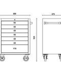 Rock Solid Stainless Steel Mobile Roller Cabinet With Seven Drawers Shop Tool Storage Workbench dimensions and side view illustration.