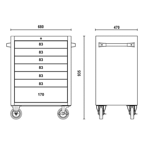 Rock Solid Stainless Steel Mobile Roller Cabinet With Seven Drawers Shop Tool Storage Workbench dimensions and side view illustration.