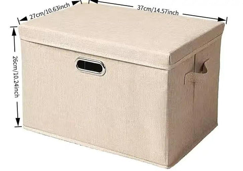 Heavy Duty Fabric Storage Bins With Snap On Lids Stackable Khaki Storage Boxes in rectangular shape with textured cover.