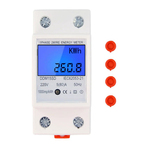 Front view of No Fuss Single Phase Energy Meter 5 To 80A DDM15SC with LCD Display and 2P LED DIN Rail Wattmeter