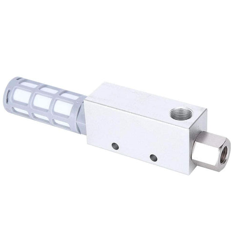 Side view of CV25HS pneumatic vacuum generator with compact venturi pump; aluminum block body and gray lattice inlet.