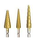 Three Piece Pro Grade Titanium Coated HSS Step Drill Bit Set For Metal Wood Plastic And Aluminum With One Quarter Inch Hex Shank Dual Flute