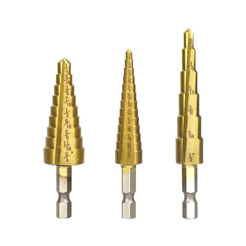 Three Piece Pro Grade Titanium Coated HSS Step Drill Bit Set For Metal Wood Plastic And Aluminum With One Quarter Inch Hex Shank Dual Flute