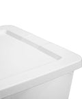 Built Tough 58 Quart Clear Plastic Storage Bin With Zero Sweat Snap Lock Lid corner view showcasing white lid for home organization.