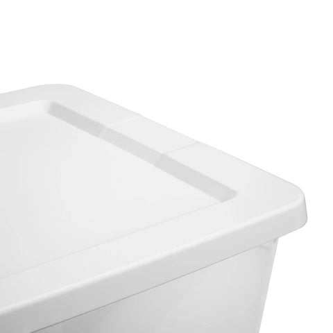 Built Tough 58 Quart Clear Plastic Storage Bin With Zero Sweat Snap Lock Lid corner view showcasing white lid for home organization.