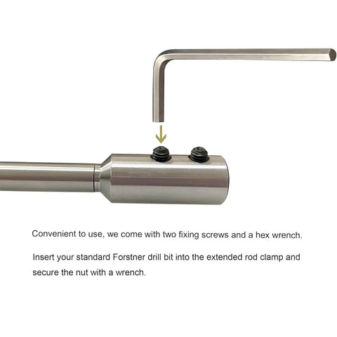 Ten Inch Alloy Steel Forstner Bit Extension Rod For 3/8 Inch Drills with fixing screws and hex wrench for secure bit mounting.