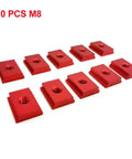 Premium Aluminum T Track Router Kit With M6 And M8 Slot Nut Jigs showing 10 red M8 T-slot sliders for woodworking
