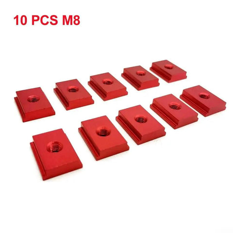 Premium Aluminum T Track Router Kit With M6 And M8 Slot Nut Jigs showing 10 red M8 T-slot sliders for woodworking