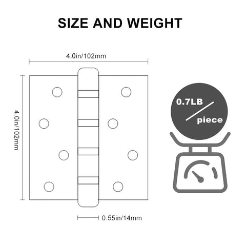 Heavy Duty Stainless Steel 4 Inch Door Hinges Set For Exterior And Interior Doors, Quiet Smooth Ball Bearing Hinges With Square Corners, Rust Resistant Black Finish, Easy Install, 3 Pack size chart 4 x 4 in, 0.7 lb