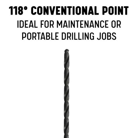 Extra Long 3/8 Inch High Speed Steel Drill Bit 18 Inch Length Black Oxide Coated Round Shank DWDDL Series Built Tough For Metal And Wood Quick Cutting And Long-Lasting Wear Resistance For Tough Jobs And Everyday Drilling, with 118° conventional point displayed
