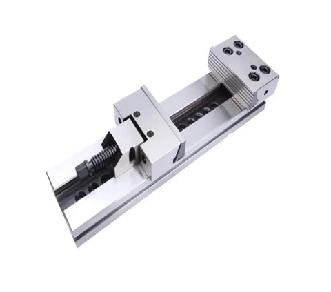 Heavy Duty Quick Action Industrial Vise Delivering Killer Parallel Grip For Secure Clamping On Mini Cnc Milling Machines and Straight Up Reliability On Any Workbench, close-up view.