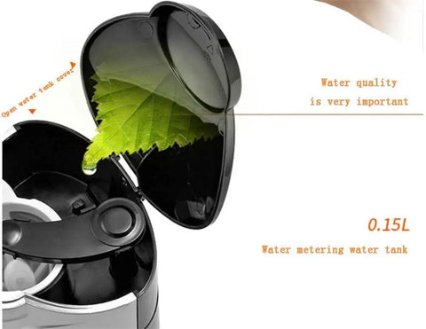 Compact Bean To Cup Coffee Machine With Automatic Milk Frother showing 0.15L water tank and lid open with leaf inside.