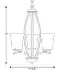 Joy Collection Three Light Antique Bronze Pendant Light With Etched White Glass, 17" height, 14-5/8" width, diagram view