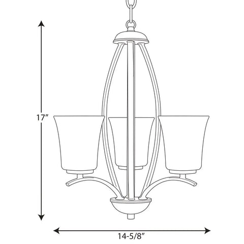 Joy Collection Three Light Antique Bronze Pendant Light With Etched White Glass, 17" height, 14-5/8" width, diagram view