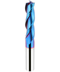 Front view of a 1/2 in shank, 3-flute upcut spiral router bit with blue nACo coating, 4 in overall length.