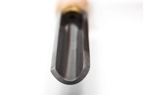 Close-up of Heavy Duty 1 Inch Roughing Gouge Woodturning Chisel showing M2 steel blade for hogging out square spindle blanks.