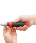Person holding Ratcheting Screwdriver Set 13 In 1 All In One Multi Bit Tool With Torx Security, Flat Head, Phillips, Hex, Square.