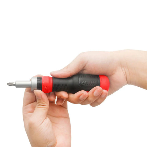 Person holding Ratcheting Screwdriver Set 13 In 1 All In One Multi Bit Tool With Torx Security, Flat Head, Phillips, Hex, Square.