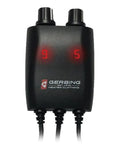 12V Portable Dual Zone Temp Controller for Heated Gear with easy to use interface, sleek black design, shows dial numbers 9 and 5.