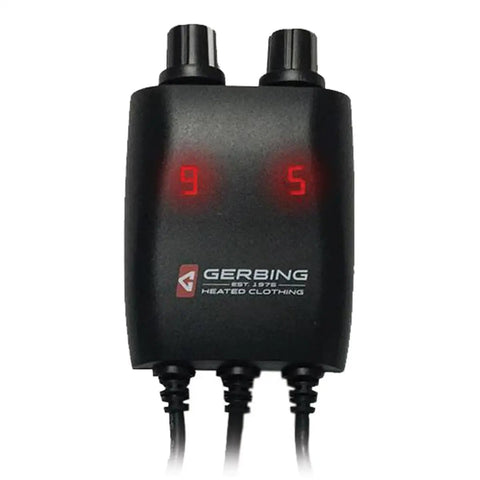 12V Portable Dual Zone Temp Controller for Heated Gear with easy to use interface, sleek black design, shows dial numbers 9 and 5.
