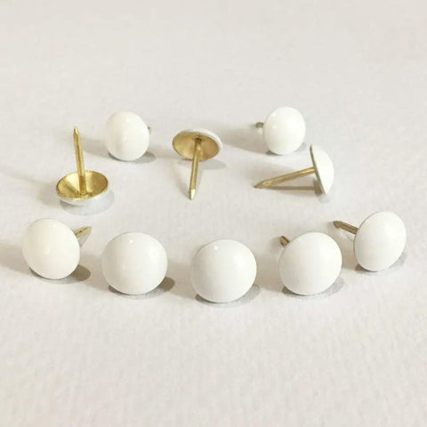Hella Sturdy White Upholstery Tacks And Decorative Thumbtacks for Sofa Headboards, 11mm round heads, and 17mm points.