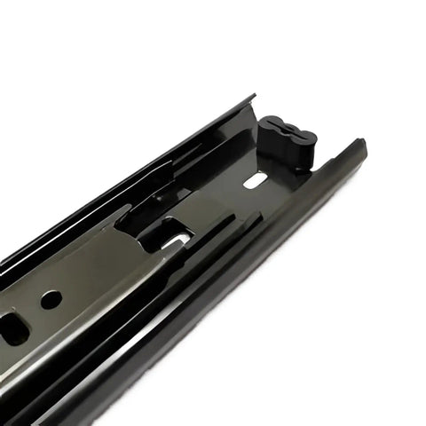 Close-up view of Heavy Duty 3 Stage Soft Close Drawer Slides for Rock Solid Cabinet Builds with black steel finish.
